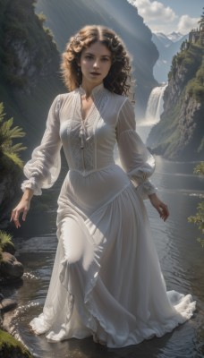 1girl,solo,long hair,breasts,looking at viewer,brown hair,hair ornament,long sleeves,dress,brown eyes,jewelry,standing,full body,flower,earrings,outdoors,parted lips,sky,barefoot,day,cloud,hair flower,dark skin,water,white dress,dark-skinned female,blue sky,lips,see-through,sunlight,plant,nature,wading,curly hair,rock,mountain,realistic,long dress,lake,smile,tree,light rays,waterfall