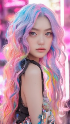 1girl,solo,long hair,looking at viewer,shirt,bare shoulders,brown eyes,jewelry,closed mouth,blue hair,upper body,pink hair,multicolored hair,sleeveless,artist name,blurry,from side,two-tone hair,lips,looking to the side,eyelashes,sleeveless shirt,makeup,blurry background,watermark,wavy hair,web address,freckles,realistic,nose,rainbow hair,gradient hair,pink lips,colorful