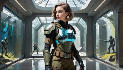 1girl,breasts,short hair,blue eyes,brown hair,gloves,holding,brown eyes,medium breasts,standing,weapon,multiple boys,solo focus,belt,sword,indoors,holding weapon,armor,lips,gun,looking to the side,window,bodysuit,helmet,holding gun,walking,science fiction,pouch,breastplate,realistic,nose,power armor,hallway,signature,3boys,rifle,soldier