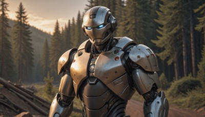 solo,blue eyes,1boy,upper body,weapon,male focus,outdoors,armor,blurry,tree,gun,no humans,blurry background,glowing,robot,nature,mecha,glowing eyes,rifle,forest,science fiction,mountain,humanoid robot,realistic,android,power armor