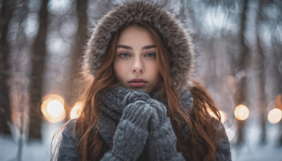 1girl, solo, long hair, looking at viewer, blue eyes, brown hair, upper body, outdoors, hood, scarf, blurry, lips, coat, fur trim, depth of field, own hands together, snow, freckles, realistic, nose, winter clothes, mittens, winter