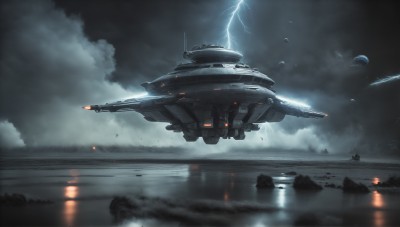 HQ,outdoors,sky,cloud,signature,water,military,no humans,night,ocean,moon,cloudy sky,star (sky),scenery,reflection,flying,science fiction,rain,realistic,aircraft,military vehicle,electricity,watercraft,ship,lightning,spacecraft,smoke,space,planet,debris