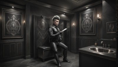 solo,short hair,black hair,gloves,long sleeves,1boy,holding,standing,jacket,full body,weapon,white hair,male focus,boots,necktie,black gloves,belt,pants,indoors,black footwear,uniform,military,military uniform,facial hair,knife,spiked hair,black necktie,mirror,door,tiles,candle,leather,vest,phone,cellphone,lamp,sink