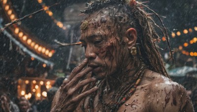 solo,long hair,black hair,hair ornament,1boy,jewelry,closed mouth,upper body,male focus,earrings,outdoors,solo focus,hand up,dark skin,necklace,blurry,lips,wet,night,depth of field,blurry background,dark-skinned male,portrait,rain,beads,realistic,arrow (projectile),tribal,closed eyes,from side,profile,lantern,hand on own chin,architecture,east asian architecture