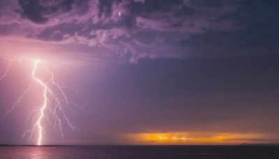 outdoors,sky,cloud,water,no humans,ocean,cloudy sky,scenery,reflection,sunset,sun,horizon,electricity,lightning,twilight,landscape,gradient sky