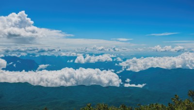 outdoors,sky,day,cloud,tree,blue sky,no humans,bird,cloudy sky,nature,scenery,forest,mountain,horizon,summer,landscape,mountainous horizon,hill,1boy,water,ocean,ambiguous gender,island,very wide shot