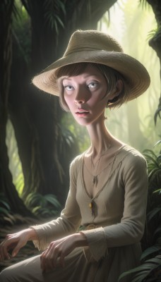 1girl,solo,looking at viewer,short hair,blue eyes,brown hair,black hair,long sleeves,hat,dress,jewelry,sitting,collarbone,small breasts,outdoors,parted lips,day,belt,necklace,white dress,blurry,tree,lips,grey eyes,sunlight,nature,pendant,forest,sun hat,realistic,nose,straw hat,breasts