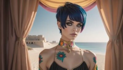 1girl,solo,looking at viewer,short hair,bangs,black hair,bare shoulders,brown eyes,jewelry,blue hair,collarbone,yellow eyes,upper body,multicolored hair,earrings,outdoors,parted lips,choker,day,lips,eyelashes,tattoo,makeup,ocean,beach,curtains,armlet,eyeshadow,realistic,nose,sand,eyeliner,mascara,swimsuit,bikini,sky,lipstick,stud earrings,arm tattoo,watercraft