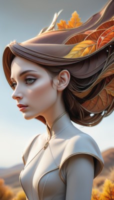 1girl,solo,long hair,breasts,brown hair,dress,brown eyes,closed mouth,upper body,short sleeves,small breasts,outdoors,parted lips,sky,day,artist name,white dress,blurry,from side,lips,grey eyes,eyelashes,makeup,floating hair,blurry background,leaf,looking away,wind,realistic,nose,red lips,autumn leaves,looking afar,autumn,hair ornament,tree,blue sky,profile,lipstick