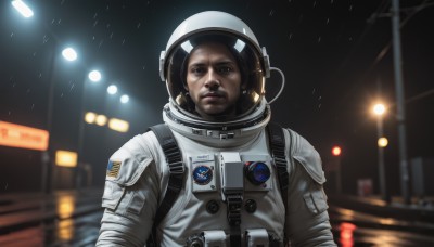 solo,looking at viewer,1boy,brown eyes,upper body,male focus,outdoors,dark skin,blurry,night,blurry background,facial hair,dark-skinned male,helmet,reflection,science fiction,rain,realistic,spacesuit,astronaut,brown hair,lips,sign,american flag,japanese flag,space helmet,united states