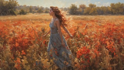 1girl,solo,long hair,breasts,brown hair,dress,bare shoulders,standing,closed eyes,flower,outdoors,sky,sleeveless,day,white dress,from side,tree,bare arms,dutch angle,profile,sleeveless dress,leaf,grass,looking up,plant,wind,nature,scenery,arms at sides,field,autumn,flower field,smile,small breasts,artist name,cloud,signature,blue sky,lips,floating hair,sunlight,red flower,forest,realistic