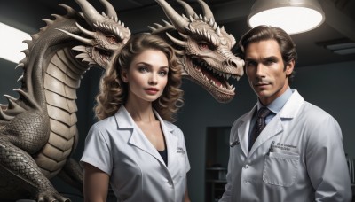 1girl,long hair,breasts,looking at viewer,smile,brown hair,shirt,red eyes,1boy,brown eyes,upper body,necktie,teeth,collared shirt,indoors,lips,makeup,formal,suit,lipstick,curly hair,pocket,monster,realistic,dragon,labcoat,breast pocket,white suit,office,doctor,open mouth,facial hair,fangs,scales