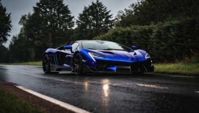 outdoors,sky,cloud,tree,no humans,grass,ground vehicle,nature,motor vehicle,forest,reflection,car,road,vehicle focus,photo background,wheel,sports car,solo