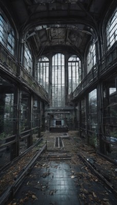 day,indoors,tree,no humans,window,sunlight,plant,building,scenery,light rays,stairs,tiles,architecture,tile floor,ruins,pillar,broken glass,arch,overgrown,broken window,wooden floor,fantasy,floor,ceiling,railroad tracks,chandelier,vanishing point