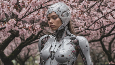 1girl, solo, long hair, breasts, brown hair, upper body, tree, lips, helmet, cherry blossoms, science fiction, realistic, android, cyborg