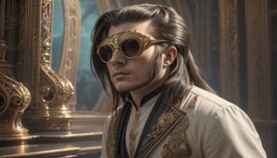 solo,long hair,brown hair,black hair,1boy,jewelry,closed mouth,jacket,upper body,male focus,glasses,indoors,blurry,lips,blurry background,facial hair,sunglasses,white jacket,portrait,beard,reflection,gold trim,stairs,realistic,grey hair,goggles