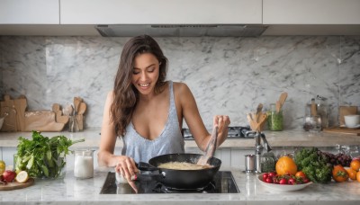 1girl,solo,long hair,breasts,smile,open mouth,brown hair,holding,cleavage,bare shoulders,medium breasts,closed eyes,upper body,food,teeth,sleeveless,indoors,nail polish,apron,cup,lips,fingernails,fruit,table,tank top,bottle,knife,red nails,plate,drinking glass,bowl,realistic,spoon,fork,egg,cooking,kitchen,tomato,vegetable,frying pan,sink,spatula,stove,lettuce,cutting board,onion,large breasts,dark skin,grin,dark-skinned female,makeup,plant,lipstick,orange (fruit),orange nails,faucet