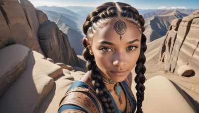 1girl,solo,long hair,looking at viewer,smile,brown hair,black hair,brown eyes,jewelry,closed mouth,upper body,braid,white hair,multicolored hair,earrings,outdoors,horns,sky,choker,day,dark skin,necklace,twin braids,two-tone hair,dark-skinned female,lips,eyelashes,tattoo,makeup,facial mark,gem,portrait,hair over shoulder,forehead,pendant,rock,mountain,forehead mark,realistic,nose,mountainous horizon,desert,multiple braids,blue sky