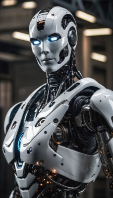 solo,looking at viewer,blue eyes,1boy,upper body,male focus,blurry,no humans,blurry background,glowing,robot,mecha,glowing eyes,1other,science fiction,realistic,android,joints,cable,robot joints,lights,mechanical parts,humanoid robot,damaged