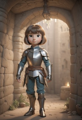 1girl,solo,looking at viewer,smile,short hair,bangs,brown hair,gloves,brown eyes,closed mouth,standing,full body,boots,belt,pants,indoors,fingerless gloves,armor,black eyes,lips,plant,shoulder armor,gauntlets,child,pauldrons,pouch,breastplate,arms at sides,female child,potted plant,armored boots,candle,greaves,brick wall,belt pouch,plate armor,signature,brown footwear,bob cut,blue pants,arch