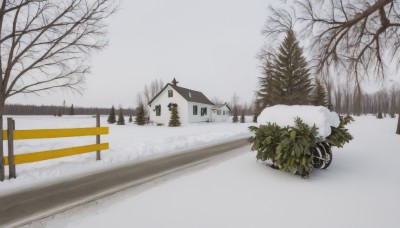 outdoors,scarf,tree,no humans,ground vehicle,building,nature,scenery,snow,forest,fence,road,house,winter,bare tree,footprints,pine tree,sky,window,motor vehicle