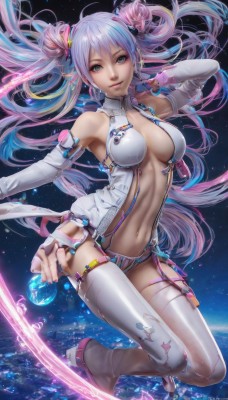 1girl,solo,long hair,breasts,looking at viewer,smile,large breasts,hair ornament,thighhighs,gloves,navel,cleavage,bare shoulders,twintails,medium breasts,very long hair,green eyes,blue hair,pink hair,purple hair,multicolored hair,boots,detached sleeves,sky,elbow gloves,hair bun,white thighhighs,lips,double bun,gradient hair,floating hair,thigh boots,star (sky),bridal gauntlets,floating,center opening,space,planet,vocaloid append,hatsune miku,fingerless gloves,nail polish,aqua eyes,science fiction,realistic,earth (planet)