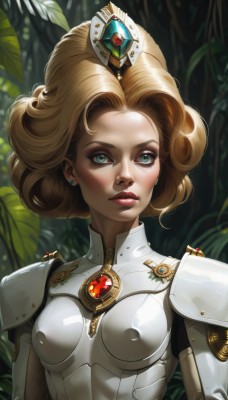 1girl,solo,breasts,looking at viewer,short hair,blonde hair,jewelry,green eyes,upper body,earrings,small breasts,armor,covered nipples,lips,eyelashes,bodysuit,makeup,leaf,lipstick,brooch,shoulder armor,gem,science fiction,curly hair,pauldrons,breastplate,nose,red lips,power armor,gorget,blue eyes,medium breasts,crown,plant,nature,shoulder pads