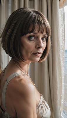 1girl,solo,breasts,looking at viewer,short hair,bangs,brown hair,black hair,dress,bare shoulders,jewelry,upper body,parted lips,teeth,choker,indoors,necklace,black eyes,from side,lips,grey eyes,window,bob cut,curtains,freckles,realistic,nose,brown eyes,medium breasts,looking back