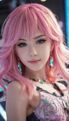 1girl,solo,long hair,looking at viewer,smile,bangs,blue eyes,bare shoulders,jewelry,closed mouth,upper body,pink hair,earrings,sleeveless,necklace,blurry,lips,eyelashes,makeup,blurry background,gem,realistic,nose,breasts,artist name,wavy hair,moon,eyeshadow,pink lips