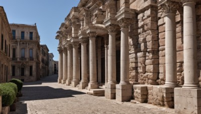 outdoors,sky,day,tree,blue sky,no humans,window,shadow,building,scenery,road,ruins,pillar,statue,arch,column,sunlight,plant,stairs,bush,shade,wall,architecture,pavement