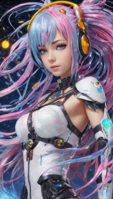 1girl,solo,long hair,breasts,looking at viewer,bangs,blue eyes,twintails,medium breasts,very long hair,blue hair,upper body,pink hair,multicolored hair,parted lips,signature,armor,two-tone hair,lips,eyelashes,bodysuit,makeup,floating hair,headgear,headphones,skin tight,science fiction,pink lips,realistic,nose,hair ornament,closed mouth,purple hair,shiny,artist name,from side,leotard,gradient hair,glowing,expressionless,shoulder armor,light particles,eyeshadow,white leotard,cable,space,mascara