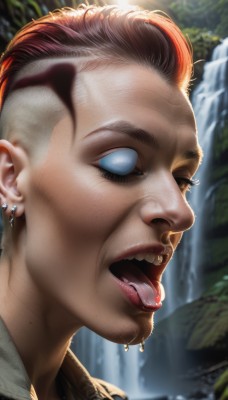 1girl,solo,short hair,open mouth,blue eyes,brown hair,1boy,jewelry,male focus,red hair,multicolored hair,earrings,outdoors,teeth,tongue,tongue out,water,mole,blurry,lips,wet,makeup,blurry background,piercing,ear piercing,portrait,realistic,nose,very short hair,undercut,waterfall,mohawk,freckles,nose piercing