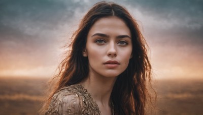 1girl,solo,long hair,looking at viewer,brown hair,black hair,brown eyes,upper body,outdoors,parted lips,sky,cloud,mole,blurry,black eyes,lips,grey eyes,blurry background,cloudy sky,portrait,mole under mouth,forehead,freckles,realistic,nose,mole on cheek,tattoo,ocean,sunlight,thick eyebrows,backlighting,sunset