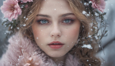 1girl, solo, long hair, looking at viewer, blue eyes, blonde hair, hair ornament, flower, parted lips, hair flower, mole, lips, eyelashes, portrait, snow, close-up, freckles, snowing, realistic