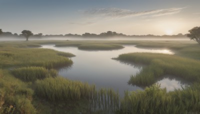 outdoors,sky,cloud,water,tree,no humans,sunlight,cloudy sky,grass,plant,nature,scenery,forest,reflection,sunset,mountain,sun,horizon,river,landscape,lake,day,field