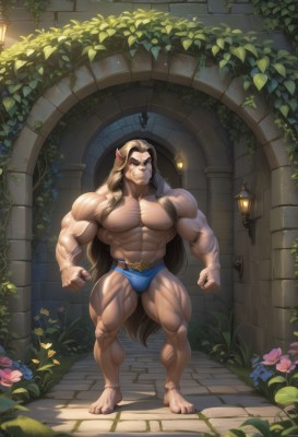 solo,long hair,looking at viewer,smile,blue eyes,blonde hair,brown hair,1boy,navel,very long hair,underwear,nipples,standing,full body,flower,male focus,thighs,barefoot,stomach,muscular,facial hair,leaf,thick thighs,abs,underwear only,thick eyebrows,pectorals,plant,muscular male,bara,beard,clenched hands,large pectorals,veins,bulge,topless male,mature male,manly,male underwear,vines,chest hair,male swimwear,biceps,navel hair,hairy,briefs,swim briefs,thick arms,animal ears,outdoors,pointy ears,artist name,cat ears,furry,stairs,light,lamp,furry male,pillar,arch