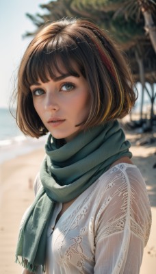 1girl,solo,looking at viewer,short hair,bangs,brown hair,shirt,brown eyes,white shirt,upper body,outdoors,parted lips,day,artist name,blunt bangs,scarf,blurry,tree,lips,looking to the side,depth of field,blurry background,beach,bob cut,freckles,realistic,nose,green scarf,breasts,multicolored hair,teeth,from side,streaked hair,see-through,eyelashes