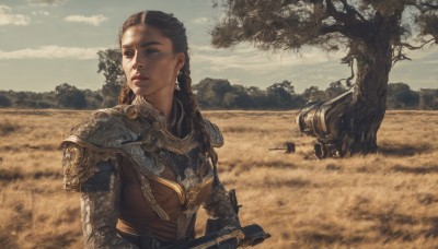 1girl,solo,long hair,breasts,brown hair,black hair,brown eyes,jewelry,upper body,weapon,braid,earrings,outdoors,parted lips,sky,day,cloud,armor,twin braids,tree,lips,gun,looking to the side,shoulder armor,pauldrons,realistic,holding,holding weapon,looking away,sunlight,grass,gauntlets,nature,scenery