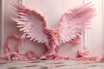 PREMIUM,solo,monochrome,flower,wings,indoors,no humans,window,scenery,feathered wings,angel wings,crystal,angel,pink theme,red theme,pillar,multiple wings,column,1girl,nude