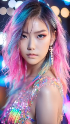 1girl,solo,long hair,breasts,looking at viewer,brown hair,black hair,bare shoulders,jewelry,closed mouth,blue hair,upper body,pink hair,multicolored hair,earrings,blurry,black eyes,two-tone hair,lips,eyelashes,gradient hair,makeup,depth of field,blurry background,watermark,eyeshadow,realistic,nose,bokeh,mascara,brown eyes,necklace,from side,expressionless,web address