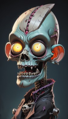 1girl,solo,looking at viewer,open mouth,simple background,jewelry,jacket,yellow eyes,upper body,earrings,teeth,gradient,gradient background,blood,glowing,colored skin,piercing,sharp teeth,portrait,glowing eyes,skull,monster,eyeball,stitches,alien,horror (theme),skull necklace,1boy,male focus,pointy ears,necklace,from side,black jacket,fangs,blood on face,blue skin,green skin,leather,leather jacket