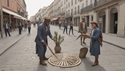 short hair,multiple girls,brown hair,shirt,black hair,gloves,long sleeves,hat,holding,jacket,weapon,boots,outdoors,multiple boys,necktie,shoes,day,pants,sword,uniform,coat,window,facial hair,brown footwear,blue shirt,plant,blue jacket,building,faceless,walking,6+boys,city,potted plant,road,house,police,street,police uniform,cane,male focus,bag,formal,suit,scenery