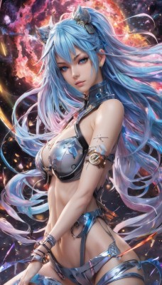 1girl,solo,long hair,breasts,looking at viewer,bangs,blue eyes,large breasts,hair ornament,thighhighs,navel,cleavage,bare shoulders,jewelry,medium breasts,very long hair,blue hair,swimsuit,bikini,earrings,horns,midriff,bracelet,lips,floating hair,headgear,armlet,realistic,bikini armor,cowboy shot