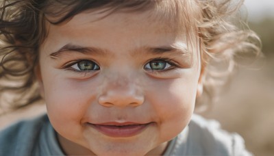 1girl,solo,looking at viewer,smile,short hair,blue eyes,blonde hair,brown hair,green eyes,parted lips,pointy ears,blurry,lips,eyelashes,floating hair,depth of field,blurry background,portrait,close-up,realistic,nose,shirt,brown eyes,closed mouth,blue shirt