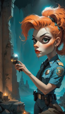 1girl,solo,long hair,looking at viewer,blush,blue eyes,shirt,holding,jewelry,closed mouth,green eyes,standing,ponytail,short sleeves,cowboy shot,earrings,outdoors,necktie,collared shirt,belt,pants,water,orange hair,uniform,lips,eyelashes,makeup,night,thick eyebrows,blue shirt,lipstick,freckles,pocket,black belt,pouch,red lips,badge,belt pouch,police,police uniform,policewoman,flashlight,walkie-talkie,bangs,artist name,bandaid,black necktie,emblem,bandaid on face,candle,facepaint,patch