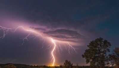 outdoors,sky,cloud,tree,no humans,cloudy sky,nature,scenery,forest,sunset,mountain,electricity,lightning,landscape,night,horizon