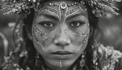 1girl,solo,long hair,looking at viewer,hair ornament,jewelry,closed mouth,monochrome,braid,greyscale,necklace,blurry,lips,eyelashes,depth of field,blurry background,gem,portrait,close-up,freckles,circlet,realistic,nose,veil