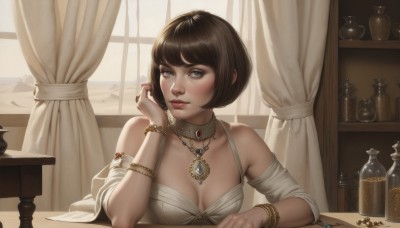 1girl,solo,breasts,looking at viewer,short hair,bangs,brown hair,dress,cleavage,bare shoulders,brown eyes,jewelry,medium breasts,closed mouth,collarbone,upper body,detached sleeves,choker,day,indoors,necklace,white dress,bracelet,lips,grey eyes,window,table,bob cut,bottle,curtains,gem,hand on own face,pendant,head rest,realistic,nose,blush,black hair,ring