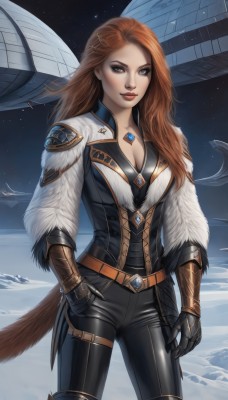 1girl,solo,long hair,breasts,looking at viewer,brown hair,gloves,cleavage,brown eyes,jewelry,medium breasts,standing,tail,boots,sky,belt,pants,necklace,orange hair,lips,fur trim,makeup,black pants,lipstick,gauntlets,star (sky),snow,starry sky,red lips,spacecraft,hair ornament,red hair,bodysuit,night,realistic,space