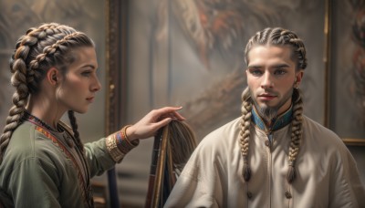 1girl,long hair,blue eyes,brown hair,long sleeves,1boy,jewelry,closed mouth,upper body,braid,grey hair,earrings,indoors,blurry,twin braids,bracelet,lips,grey eyes,profile,blurry background,facial hair,siblings,beard,robe,mirror,realistic,nose,old,old man,painting (object),old woman,wrinkled skin,multiple braids,smile,multiple girls,shirt,black hair,holding,2girls,multicolored hair,parted lips,teeth,artist name,dark skin,necklace,mole,from side,two-tone hair,depth of field,facial mark,piercing,hair over shoulder,father and daughter